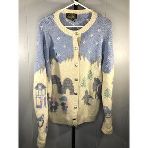 Vintage 80s Eddie Bauer Winter Scene Wool Metal Cardigan Sweater Penguin Igloo L